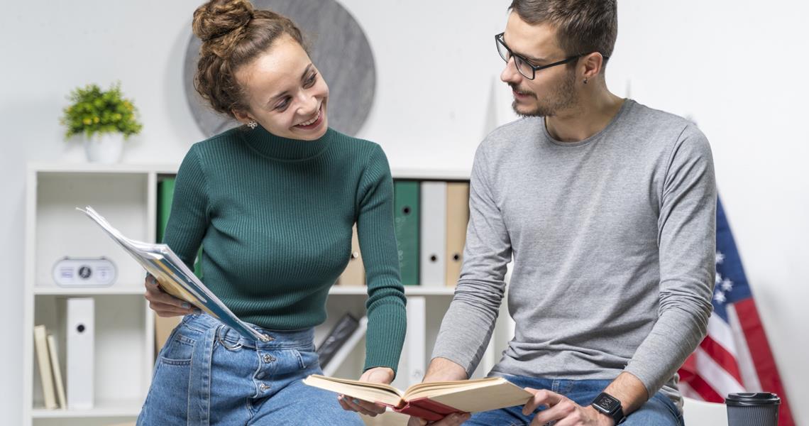 Medium Shot Smiley Friends With Books