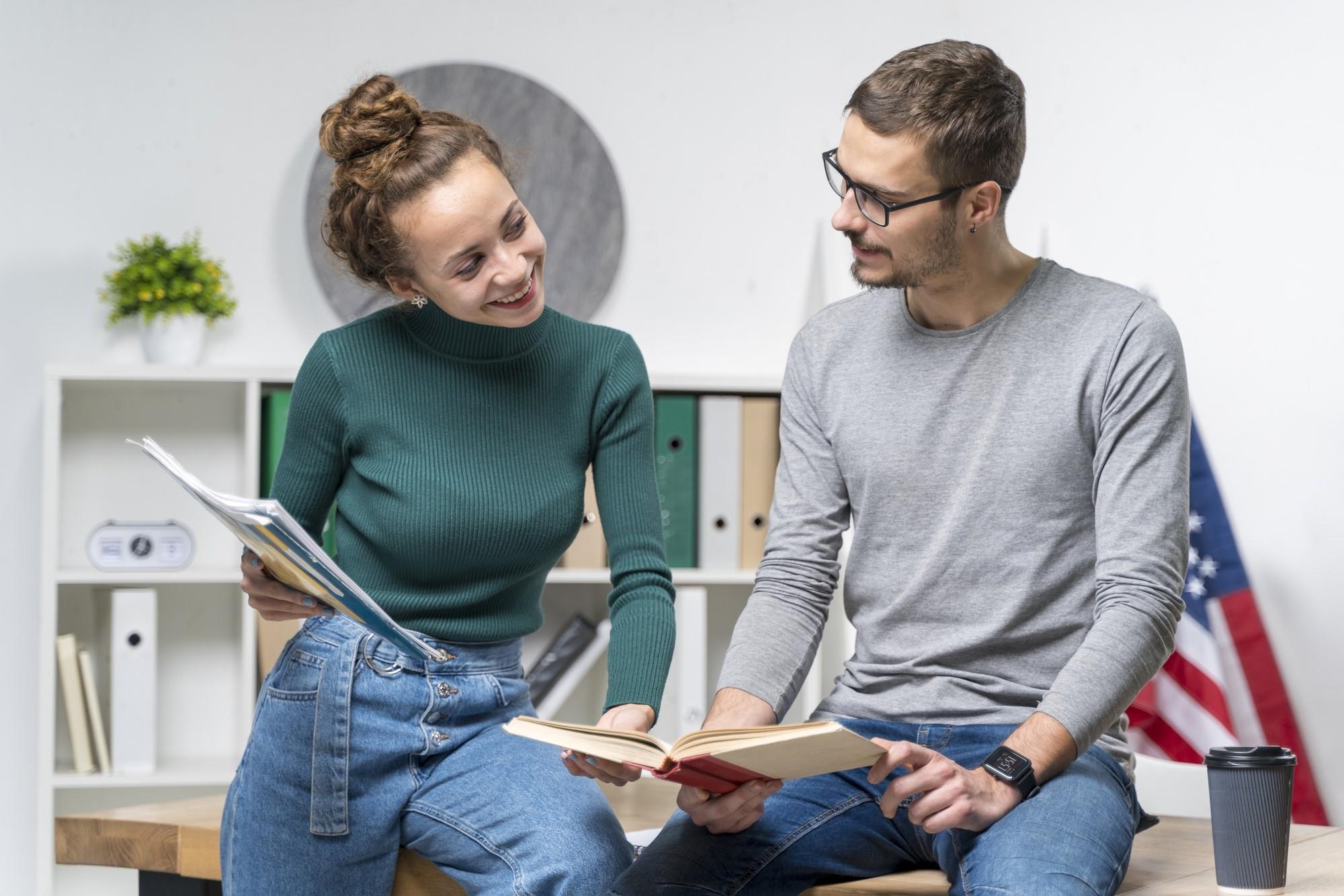 Medium Shot Smiley Friends With Books