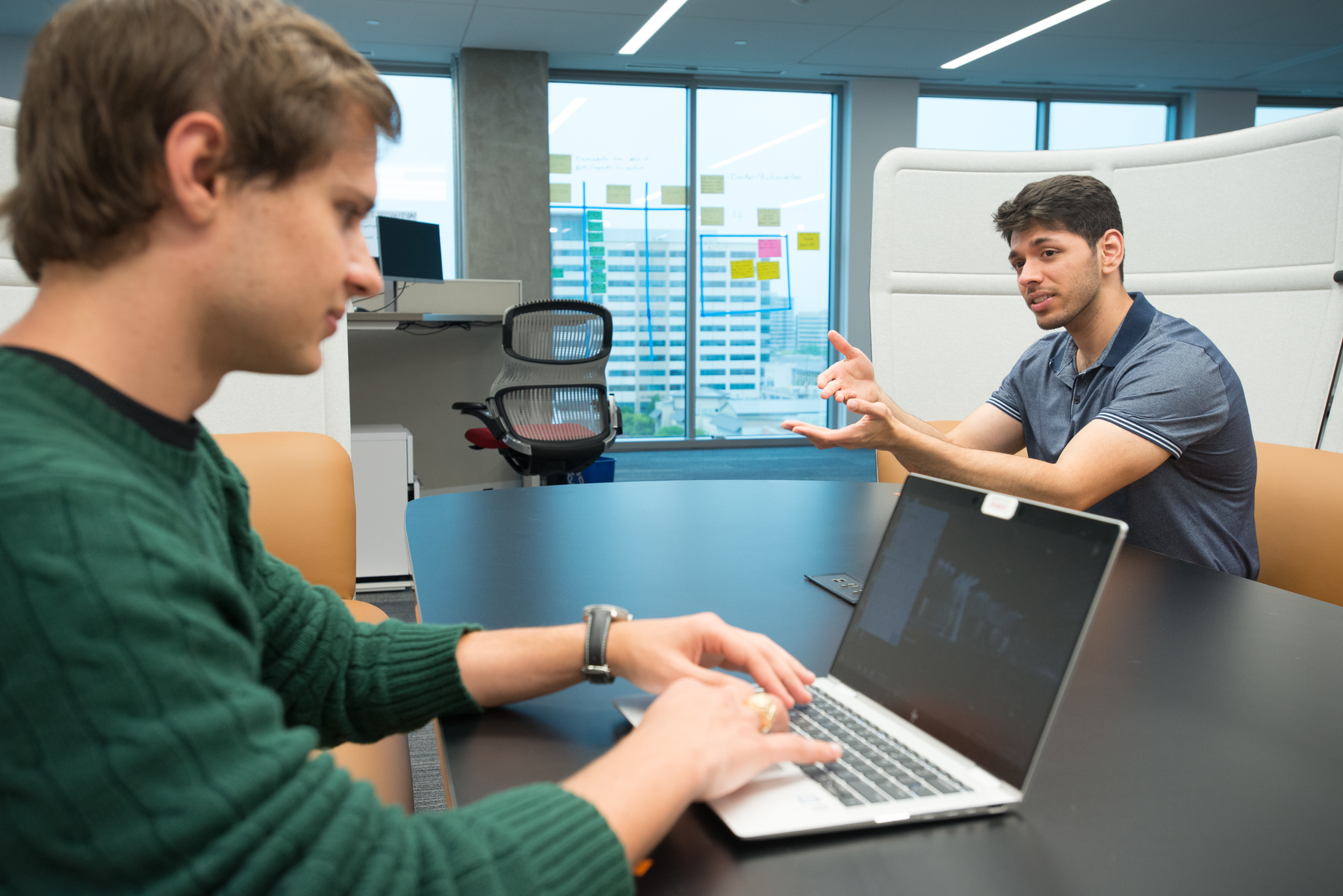 Plano Two Male Employees Chatting Working Breakout